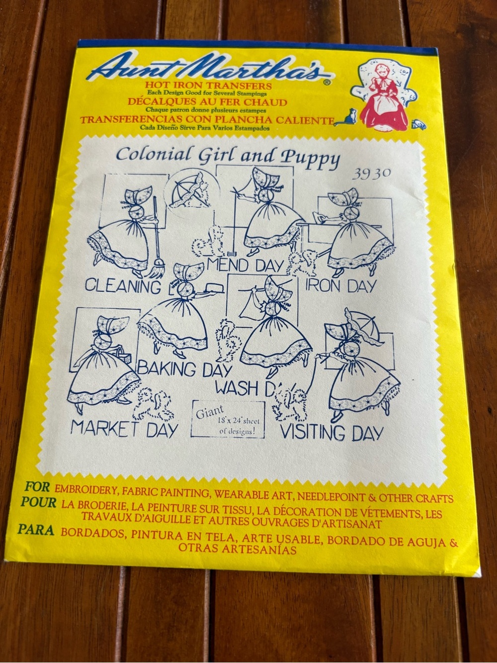 Vintage Aunt Martha’s 3930 Colonial Girl and Puppy hot iron embroidery Transfer